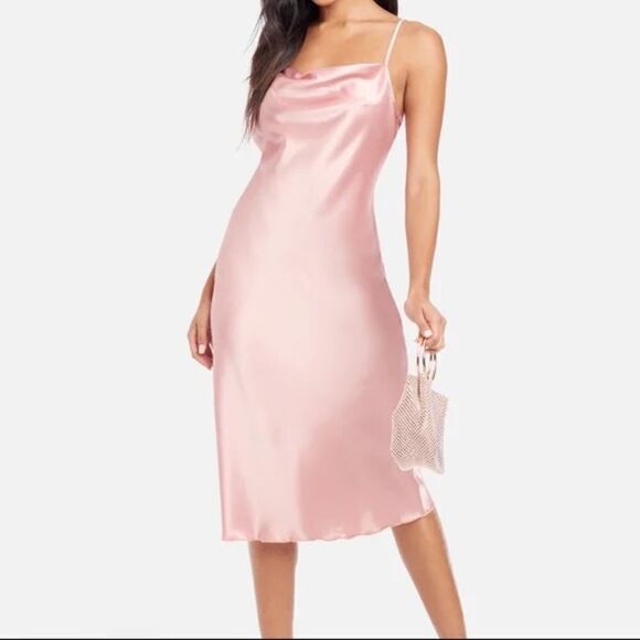 NWT bebe Sz XL Satin Pink Cowl Neck Slip Midi Beautiful Sexy Classy Dress - Picture 1 of 13